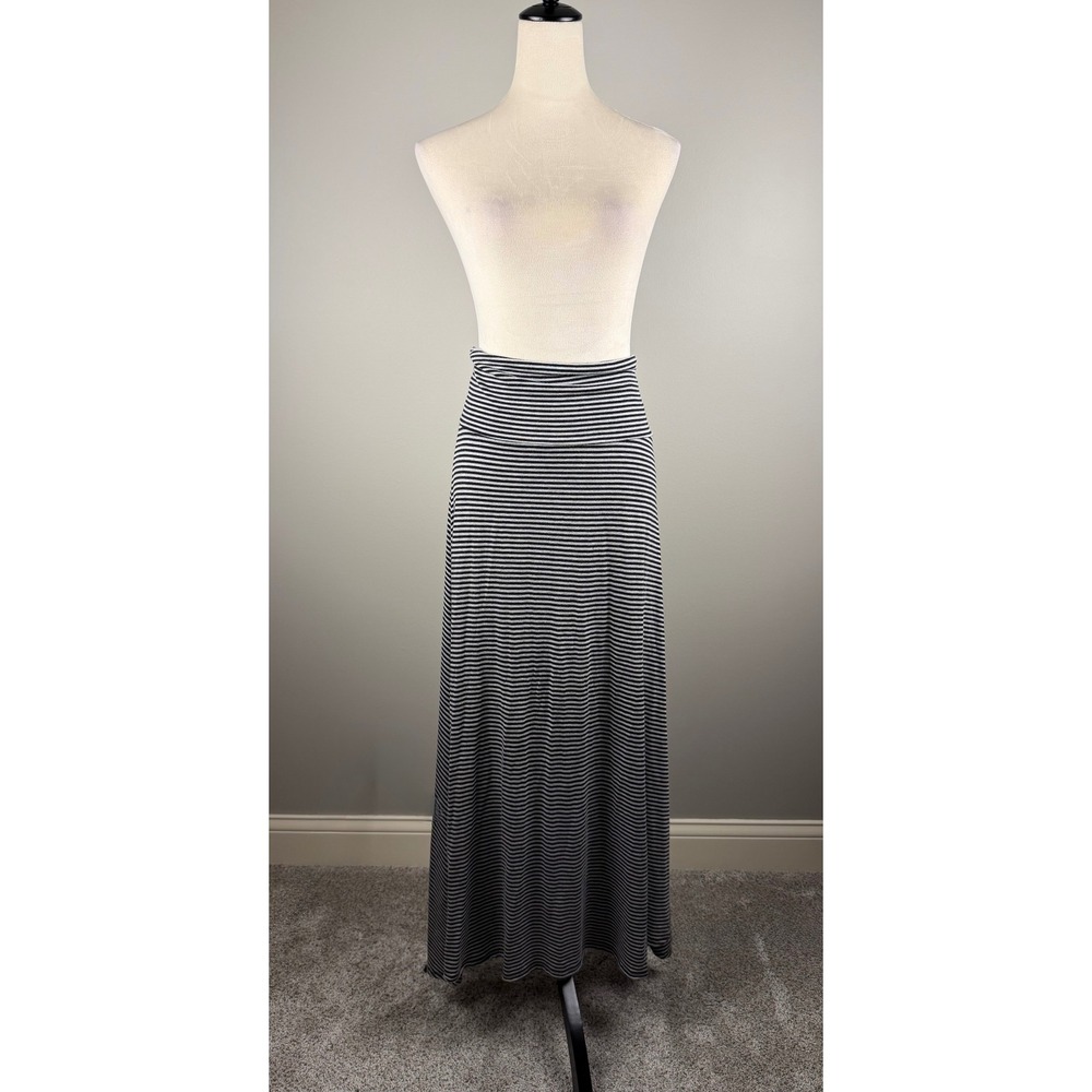 LuLaRoe Maxi Skirt Womens Large Black Grey Striped Fold Over Waistband